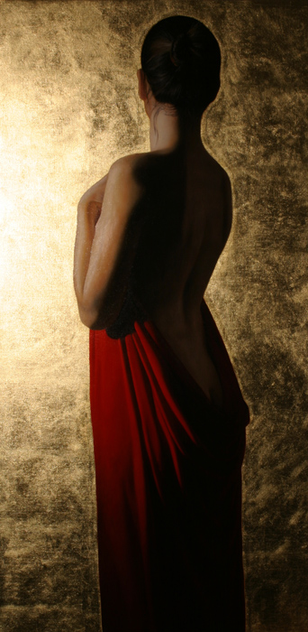 TOBY BOOTHMAN * GIRL WITH RED DRAPE * Oil on Canvas 100x50